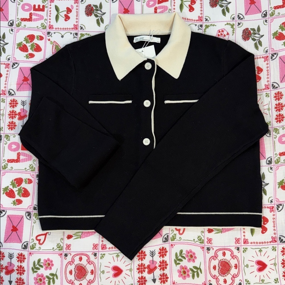 OAK + FORT Two-Tone Collared Top - Picture 2 of 8